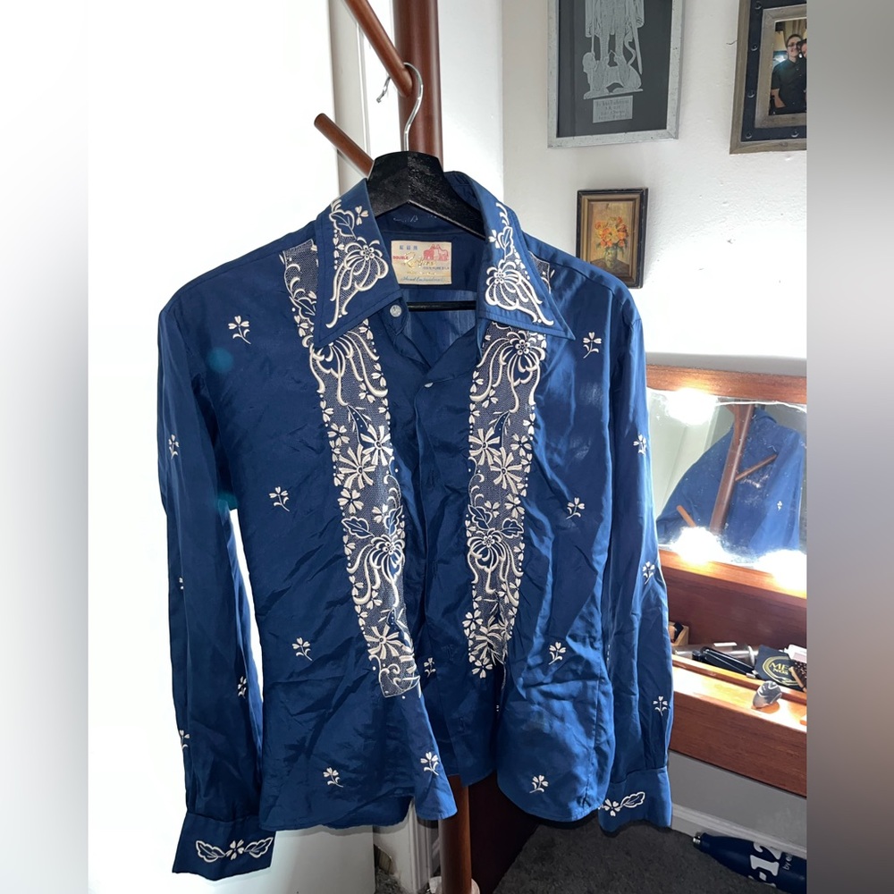 Vintage Double Red Horse Long Sleeve Button Up Shirt, 70s collar